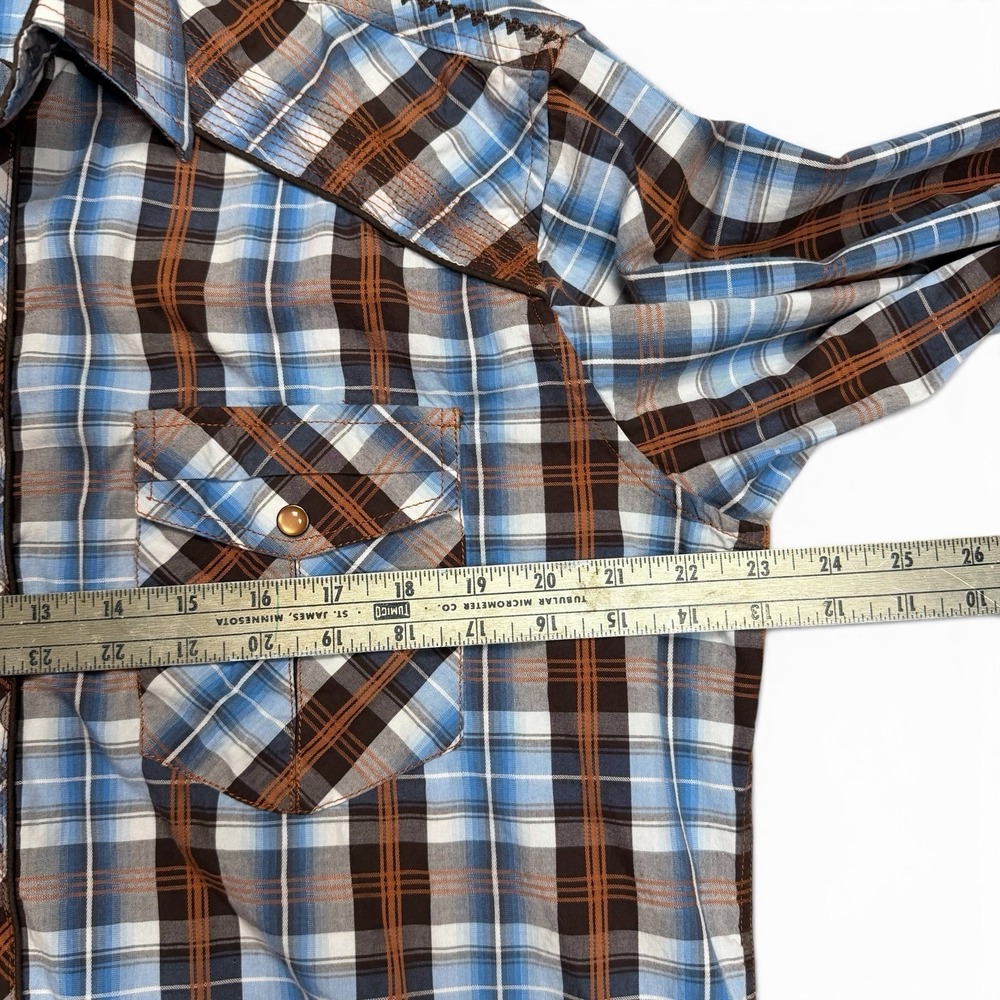 Panhandle Slim Large Shirt Western Texas Plaid Blue Brown Pearl Snaps 90 Proof - Picture 8 of 13